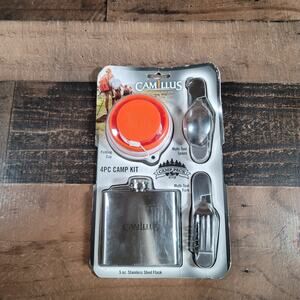 Camillus 4pc. Camp Kit Folding Cup Multi-Tool Fork Spoon Stainless Flask #19674